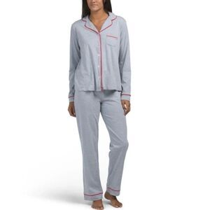 POPPY & CLAY Grey Red Notch Collar Long Sleeve Pants Organic Cotton PJ Set